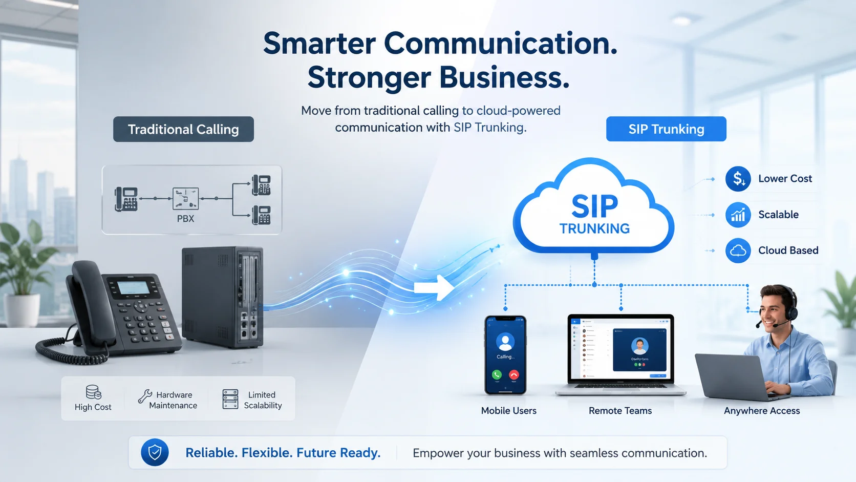 SIP trunking workflow diagram showing business PBX system connecting through internet cloud to deliver encrypted voice calls to customers, remote workers, and mobile users worldwide